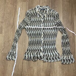 Apt 9 beige brown button down collar shirt crinkle bell sleeves xl satin like